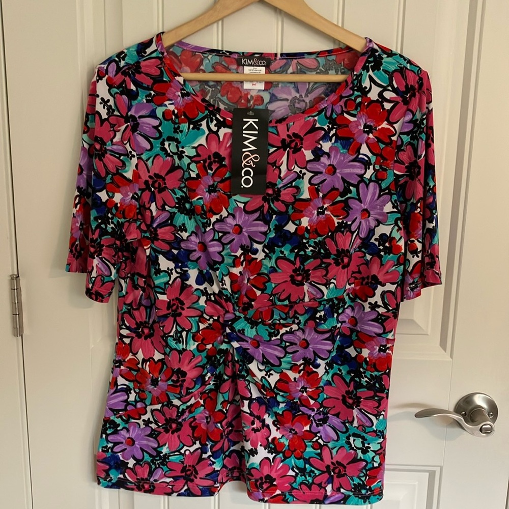 KIM & CO TOP Short Sleeve Scoop Neck PINK Floral XL NEW